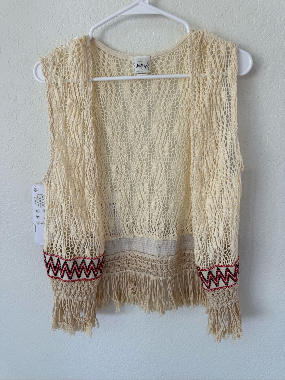 Daytrip Cream Open-Weave Fringe Vest with Red Trim